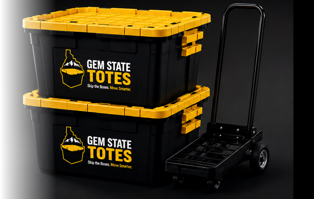 Two stacked black and yellow Gem State Totes reusable moving totes beside a moving dolly